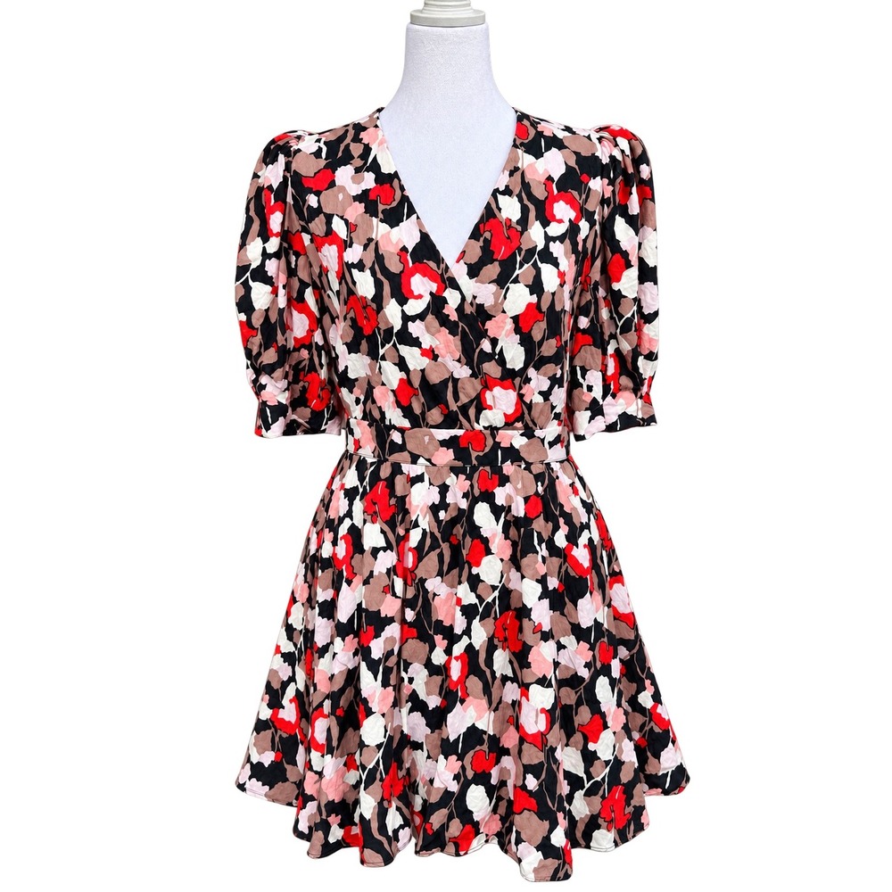 Ted Baker Skiala Abstract Floral Mini Dress Red Black V-Neck Puff Sleeve Size 2